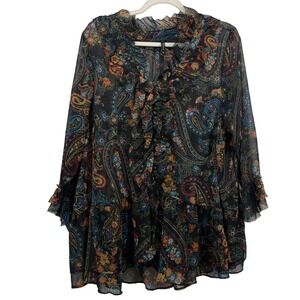 New Directions Woman Plus Size 2X Top Blouse Black Paisley Chiffon Ruffle V-Neck